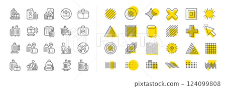 Travel bag size, Check weight and Backpack set. Design shape elements. Baggage line icons. Airport luggage belt, handbag dimensions and baggage claim line icons. Vector Travel bag size, Check weight and Backpack set. Design shape elements. Baggage line icons. Airport luggage belt, handbag dimensions and baggage claim line icons. Vector 124099808