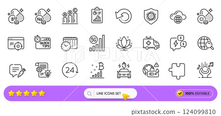 Report, Cobalamin vitamin and Graph chart line icons for web app. Pack of Internet search, Ambulance car, Coronavirus pictogram icons. Chlorine mineral, Quick tips, Lotus signs. 5g wifi. Vector Report, Cobalamin vitamin and Graph chart line icons for web app. Pack of Internet search, Ambulance car, Coronavirus pictogram icons. Chlorine mineral, Quick tips, Lotus signs. 5g wifi. Vector 124099810