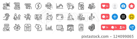 Credit card, Wallet and Accounting line icons pack. Social media icons. Discounts cart, Business results, Coins bag web icon. Smartphone statistics, Analytics graph, Vip ticket pictogram. Vector 124099865