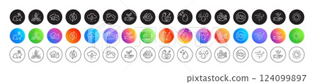Sunny weather, Sun and Rainy weather line icons. Round icon gradient buttons. Pack of Green energy, Salad, Animal tested icon. Stop fishing, Antistatic, Water drop pictogram. Vector Sunny weather, Sun and Rainy weather line icons. Round icon gradient buttons. Pack of Green energy, Salad, Animal tested icon. Stop fishing, Antistatic, Water drop pictogram. Vector 124099897
