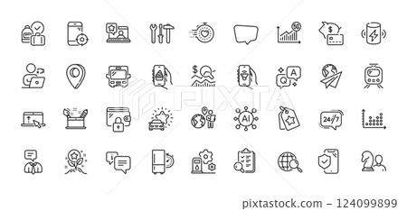 Piggy bank, Swipe up and Chess line icons pack. AI, Question and Answer, Map pin icons. Spanner tool, Online rating, Chat message web icon. Timer, Charge battery, Wallet pictogram. Vector 124099899