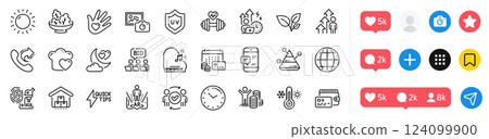 Photo camera, Online auction and Quickstart guide line icons pack. Social media icons. Social responsibility, Augmented reality, Share call web icon. Globe, Pyramid chart, Time pictogram. Vector 124099900
