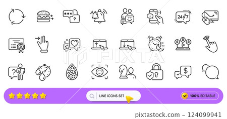 Video conference, Touchscreen gesture and Lock line icons for web app. Pack of Heart, Food delivery, Swipe up pictogram icons. 24h service, Alarm, Security lock signs. Reject certificate. Vector 124099941