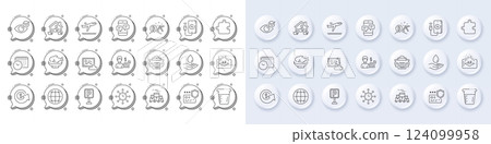 Phone messages, World time and Seafood line icons. White pin 3d buttons, chat bubbles icons. Pack of Augmented reality, Cooking beaker, Calendar time icon. Vector 124099958