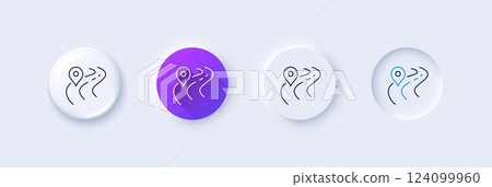 Road line icon. Neumorphic, Purple gradient, 3d pin buttons. Journey path sign. Highway route gps symbol. Line icons. Neumorphic buttons with outline signs. Vector Road line icon. Neumorphic, Purple gradient, 3d pin buttons. Journey path sign. Highway route gps symbol. Line icons. Neumorphic buttons with outline signs. Vector 124099960
