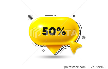 Click here speech bubble 3d icon. 50 percent off sale tag. Discount offer price sign. Special offer symbol. Discount chat offer. Speech bubble banner. Text box balloon. Vector 124099969