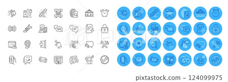 Dots message, Delivery and Bitcoin atm line icons pack. Refresh mail, Alarm clock, Info app web icon. Inventory cart, Online voting, Inspect pictogram. Bitcoin system, Sign out, Cursor. Vector 124099975