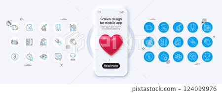 Phone mockup with 3d heart icon. Best result, Bike and Open door line icons. Pack of Truck delivery, Brand ambassador, Air balloon icon. No microphone, Clapping hands, Report pictogram. Vector 124099976