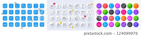 Dishes, Cooking hat and Coffee cup line icons. Square, Gradient, Pin 3d buttons. AI, QA and map pin icons. Pack of Wine, Champagne bottle, Wine glass icon. Vector 124099978