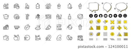 Set of Coffee maker, Food time and Food delivery line icons for web app. Design elements, Social media icons. Ice cream, Grill basket, Coffee break icons. Cake, Takeaway, Whiskey bottle signs. Vector 124100011
