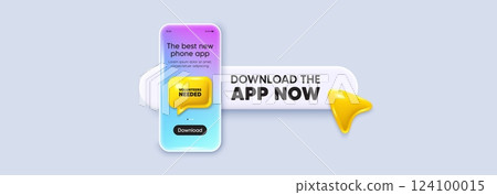 Volunteers needed tag. Download the app now. Phone mockup screen. Volunteering service sign. Charity work symbol. Phone download app search bar. Volunteers needed text message. Vector 124100015