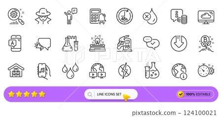 Wholesale goods, Ab testing and Antistatic line icons for web app. Pack of Chemistry lab, Download arrow, Info pictogram icons. Bitcoin project, 48 hours, Waterproof signs. Search bar. Vector 124100021