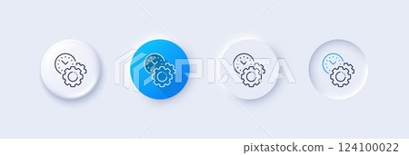Time management line icon. Neumorphic, Blue gradient, 3d pin buttons. Clock sign. Gear symbol. Line icons. Neumorphic buttons with outline signs. Vector Time management line icon. Neumorphic, Blue gradient, 3d pin buttons. Clock sign. Gear symbol. Line icons. Neumorphic buttons with outline signs. Vector 124100022