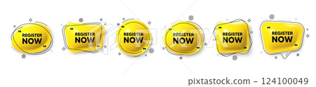 Register now tag. Speech bubble 3d icons set. Free registration offer. Create an account message. Register now chat talk message. Speech bubble banners with comma. Text balloons. Vector Register now tag. Speech bubble 3d icons set. Free registration offer. Create an account message. Register now chat talk message. Speech bubble banners with comma. Text balloons. Vector 124100049