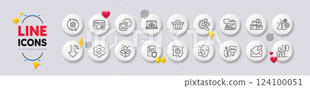 Chemistry lab, Shop cart and Open mail line icons. White buttons 3d icons. Pack of Inventory report, Low percent, Face search icon. Warning, Data security, Cogwheel pictogram. Vector Chemistry lab, Shop cart and Open mail line icons. White buttons 3d icons. Pack of Inventory report, Low percent, Face search icon. Warning, Data security, Cogwheel pictogram. Vector 124100051