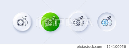 Orange line icon. Neumorphic, Green gradient, 3d pin buttons. Fruit food sign. Diet nutrition symbol. Line icons. Neumorphic buttons with outline signs. Vector 124100056