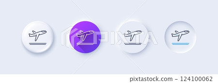 Airport departure plane line icon. Neumorphic, Purple gradient, 3d pin buttons. Airplane take off sign. Flight symbol. Line icons. Neumorphic buttons with outline signs. Vector Airport departure plane line icon. Neumorphic, Purple gradient, 3d pin buttons. Airplane take off sign. Flight symbol. Line icons. Neumorphic buttons with outline signs. Vector 124100062