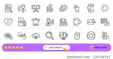 Photo camera, Phone video and Research line icons for web app. Pack of Cut tax, Fast delivery, Reminder pictogram icons. Search mail, 360 degree, Music phone signs. Analytics chart. Search bar. Vector Photo camera, Phone video and Research line icons for web app. Pack of Cut tax, Fast delivery, Reminder pictogram icons. Search mail, 360 degree, Music phone signs. Analytics chart. Search bar. Vector 124100141