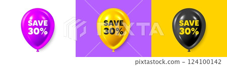 Birthday balloons 3d icons. Save 30 percent off tag. Sale Discount offer price sign. Special offer symbol. Discount text message. Party balloon banners with text. Birthday or sale ballon. Vector Birthday balloons 3d icons. Save 30 percent off tag. Sale Discount offer price sign. Special offer symbol. Discount text message. Party balloon banners with text. Birthday or sale ballon. Vector 124100142