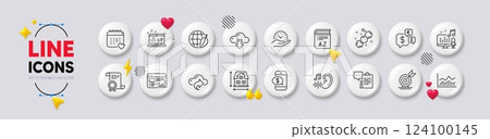 Trade infochart, Cloud share and Environment day line icons. White buttons 3d icons. Pack of Healthcare calendar, Web report, Hearing icon. Vector 124100145