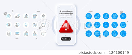 Luggage trolley, Buyer and World travel line icons. Phone mockup with 3d danger icon. Pack of Sale, Smile chat, Fish icon. Baggage, Spf protection, Ice cream pictogram. Vector Luggage trolley, Buyer and World travel line icons. Phone mockup with 3d danger icon. Pack of Sale, Smile chat, Fish icon. Baggage, Spf protection, Ice cream pictogram. Vector 124100149