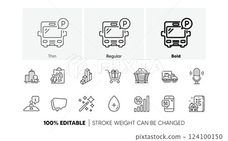 5g wifi, Speech bubble and Inspect line icons. Pack of Property agency, Oil serum, Coal trolley icon. Interview, Magic wand, Fingerprint pictogram. Shopping cart, 3d chart, Bus parking. Vector 124100150