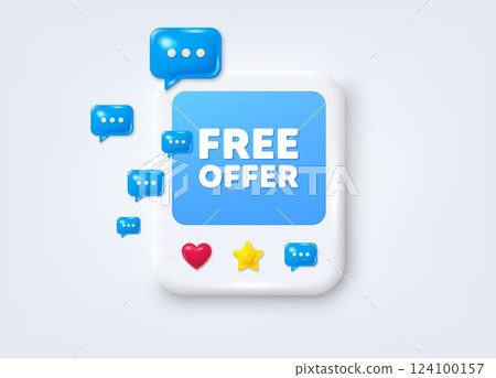 Social media post 3d frame. Free offer tag. Special offer sign. Sale promotion symbol. Free offer message frame. Photo banner with speech bubbles. Like, star and chat icons. Vector 124100157