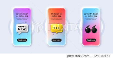 Phone 3d mockup gradient screen. Whats new tag. Special offer sign. New arrivals symbol. Whats new phone mockup message. 3d chat speech bubble. Yellow text box app. Vector 124100165