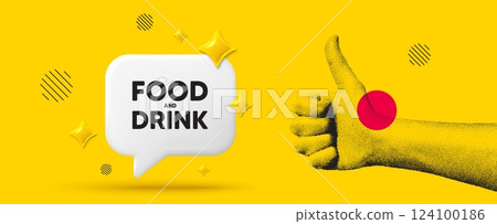 Hand showing thumb up like sign. Food and Drink tag. Kitchen food offer. Restaurant menu. Food and Drink chat box 3d message. Grain dots hand. Like thumb up sign. Vector 124100186