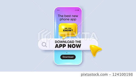 Did you know tag. Phone mockup screen. Download the app now. Special offer question sign. Interesting facts symbol. Phone download app search bar. Did you know text message. Vector 124100198