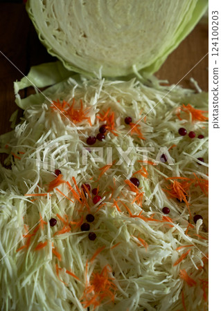 Process of harvesting sauerkraut. Autumn pickling of cabbage. ,cutting cabbage preparation Process of harvesting sauerkraut. Autumn pickling of cabbage. ,cutting cabbage preparation 124100203