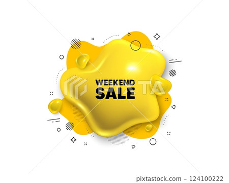 Abstract liquid 3d shape. Weekend Sale tag. Special offer price sign. Advertising Discounts symbol. Weekend sale message. Fluid speech bubble banner. Yellow text liquid shape. Vector 124100222