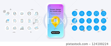 Phone mockup with 3d map pin icon. Fishing float, Business skill and No alcohol line icons. Pack of Love chat, Cash transit, Idea head icon. Handshake, Select alarm, Security app pictogram. Vector 124100224