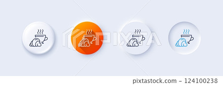 Croissant line icon. Neumorphic, Orange gradient, 3d pin buttons. Coffee cup with bun sign. Bakery or boulangerie symbol. Line icons. Neumorphic buttons with outline signs. Vector 124100238