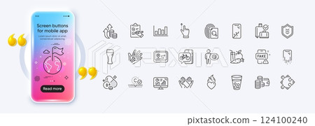 Juice, Bike app and Destination flag line icons for web app. Phone mockup gradient screen. Pack of Report diagram, Gps, Smartphone broken pictogram icons. Vector 124100240