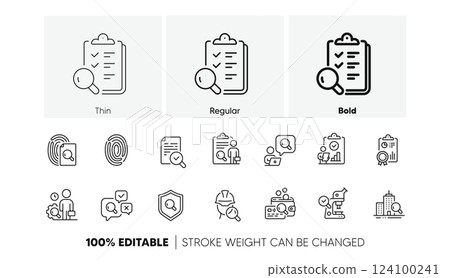Quality research, Testing and Safety check icons. Inspection line icons. Microscope analysis, quality control and house verification. Inspect risk, safety research and fingerprint check. Vector 124100241