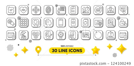 Video conference, Analytics graph and Fingerprint line icons pack. 3d design elements. Report document, Phone chat, Website search web icon. Vector 124100249