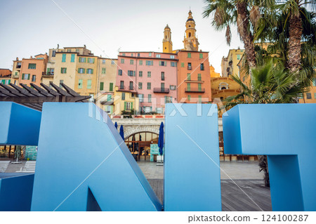 Menton city center sign symbol, France 124100287
