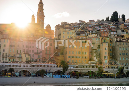 Menton village pictoresque view of old town at warm sunset, France 124100293