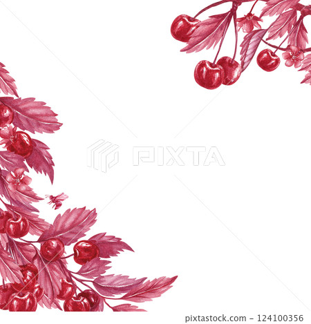 Cherry branches postcard. Red berries on twigs. Watercolor illustration in monochrome style isolated from the background. Perfect for packaging frozen berries, tea, dumplings, tincture, compote Cherry branches postcard. Red berries on twigs. Watercolor illustration in monochrome style isolated from the background. Perfect for packaging frozen berries, tea, dumplings, tincture, compote 124100356