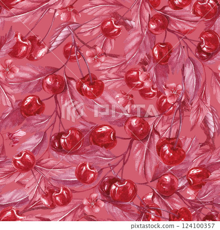 Monochrome seamless pattern with cherry branches. Cherry blossoms. Red berries. Watercolor illustration on the pink background. Ripe berries for textile, packaging frozen cherries, marmalade, liqueur Monochrome seamless pattern with cherry branches. Cherry blossoms. Red berries. Watercolor illustration on the pink background. Ripe berries for textile, packaging frozen cherries, marmalade, liqueur 124100357