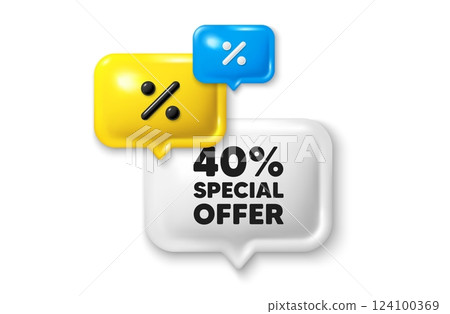 Discount speech bubble offer 3d icon. 40 percent discount offer tag. Sale price promo sign. Special offer symbol. Discount offer. Speech bubble sale banner. Discount balloon. Vector 124100369