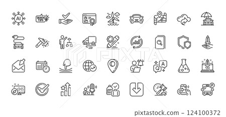 Start business, Confirmed and Shields line icons pack. AI, Question and Answer, Map pin icons. Load document, Update data, Crowdfunding web icon. Vector Start business, Confirmed and Shields line icons pack. AI, Question and Answer, Map pin icons. Load document, Update data, Crowdfunding web icon. Vector 124100372