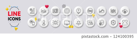 Swipe up, Eye detect and Stop stress line icons. White buttons 3d icons. Pack of Education, Diagram chart, New message icon. Face verified, 5g wifi, Recovery gear pictogram. Vector Swipe up, Eye detect and Stop stress line icons. White buttons 3d icons. Pack of Education, Diagram chart, New message icon. Face verified, 5g wifi, Recovery gear pictogram. Vector 124100395