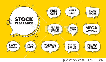 Offer speech bubble icons. Stock clearance sale tag. Special offer price sign. Advertising discounts symbol. Stock clearance chat offer. Speech bubble discount banner. Text box balloon. Vector 124100397