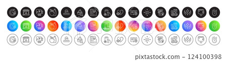 Fast delivery, Apple and Cyber attack line icons. Round icon gradient buttons. Pack of Refrigerator app, Safe energy, Wallet icon. Cogwheel, Uv protection, Market seller pictogram. Vector Fast delivery, Apple and Cyber attack line icons. Round icon gradient buttons. Pack of Refrigerator app, Safe energy, Wallet icon. Cogwheel, Uv protection, Market seller pictogram. Vector 124100398