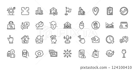 Buildings, Like and Tanning time line icons pack. AI, Question and Answer, Map pin icons. Health skin, Dating, Send mail web icon. Skyscraper buildings, Corrupt, Bordeaux glass pictogram. Vector 124100410
