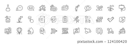 Flood insurance, Checkbox and Chemistry lab line icons. Pack of Air balloon, Messenger, Heart icon. Card, Continuing education, Money app pictogram. Emergency call, Like video, Tick. Vector 124100420