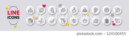 Cardboard box, Inspect and Brush line icons. White buttons 3d icons. Pack of Skyscraper buildings, Inventory report, Parcel tracking icon. Night city, Floor plan, Inventory cart pictogram. Vector Cardboard box, Inspect and Brush line icons. White buttons 3d icons. Pack of Skyscraper buildings, Inventory report, Parcel tracking icon. Night city, Floor plan, Inventory cart pictogram. Vector 124100455