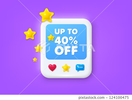 Social media post 3d frame. Up to 40 percent off sale. Discount offer price sign. Special offer symbol. Save 40 percentages. Discount tag message frame. Photo banner with stars. Vector 124100475